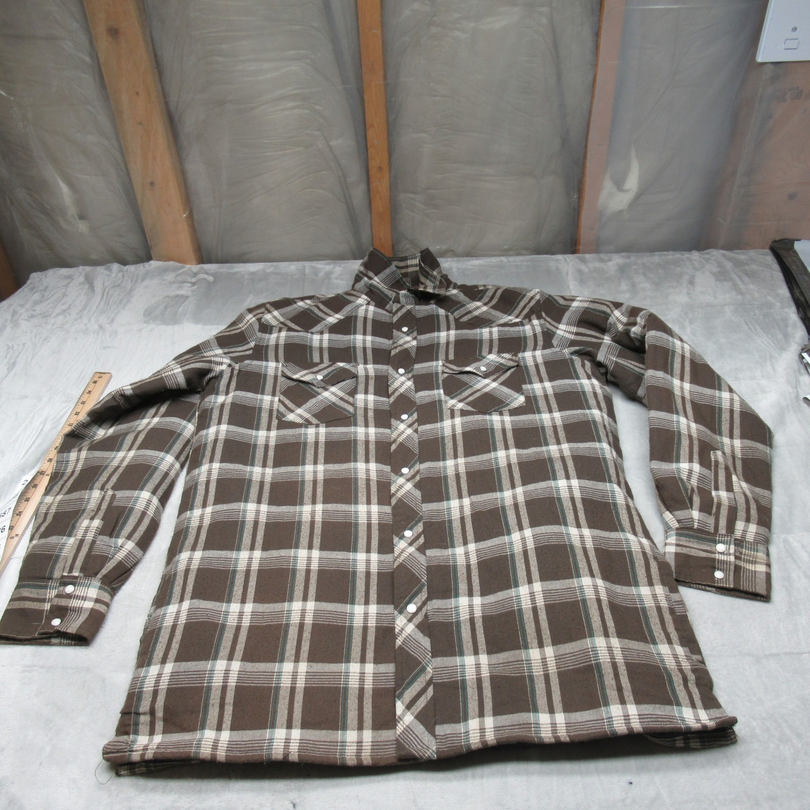 Wrangler Jacket Mens Large Tall Brown Quilted Lined Pearl Snap Plaid Flannel